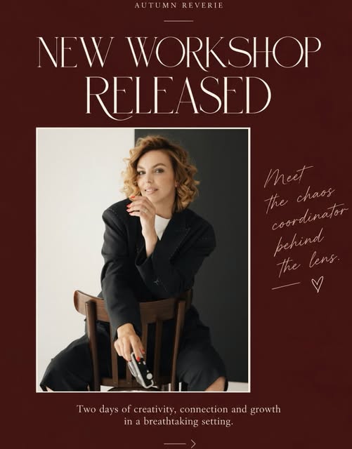 Autumn Reverie workshop announcement featuring Carly in a black suit