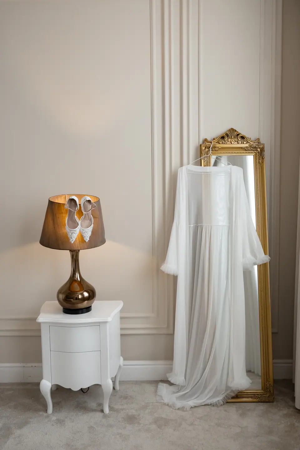 Bridal robe hanging by a gold mirror, white shoes resting on a bedside lamp