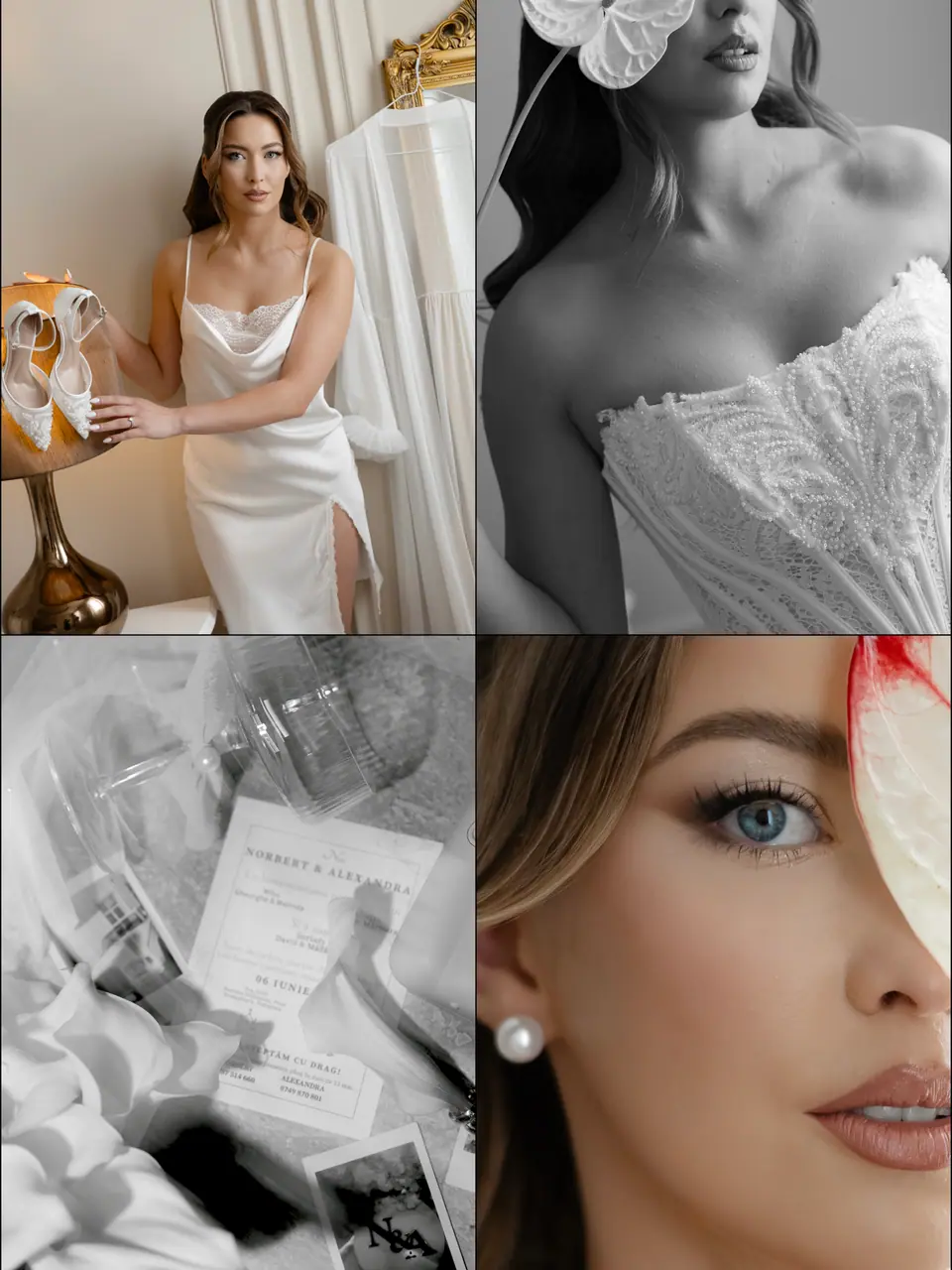 Collage of Alexandra’s bridal details: shoes, invitation, anthurium and a close portrait
