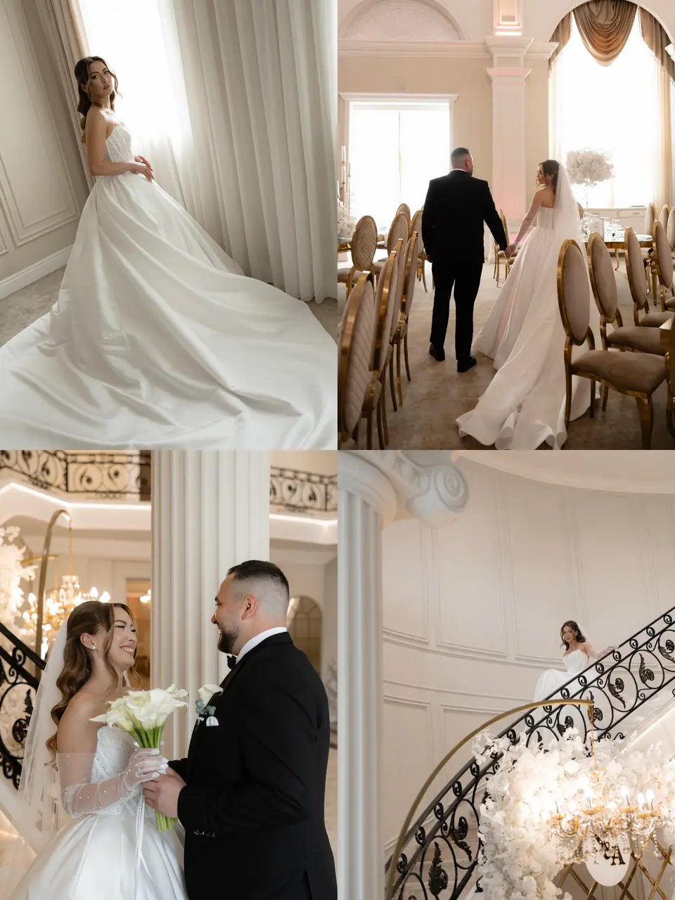 Collage of the couple walking through the reception hall and on the staircase