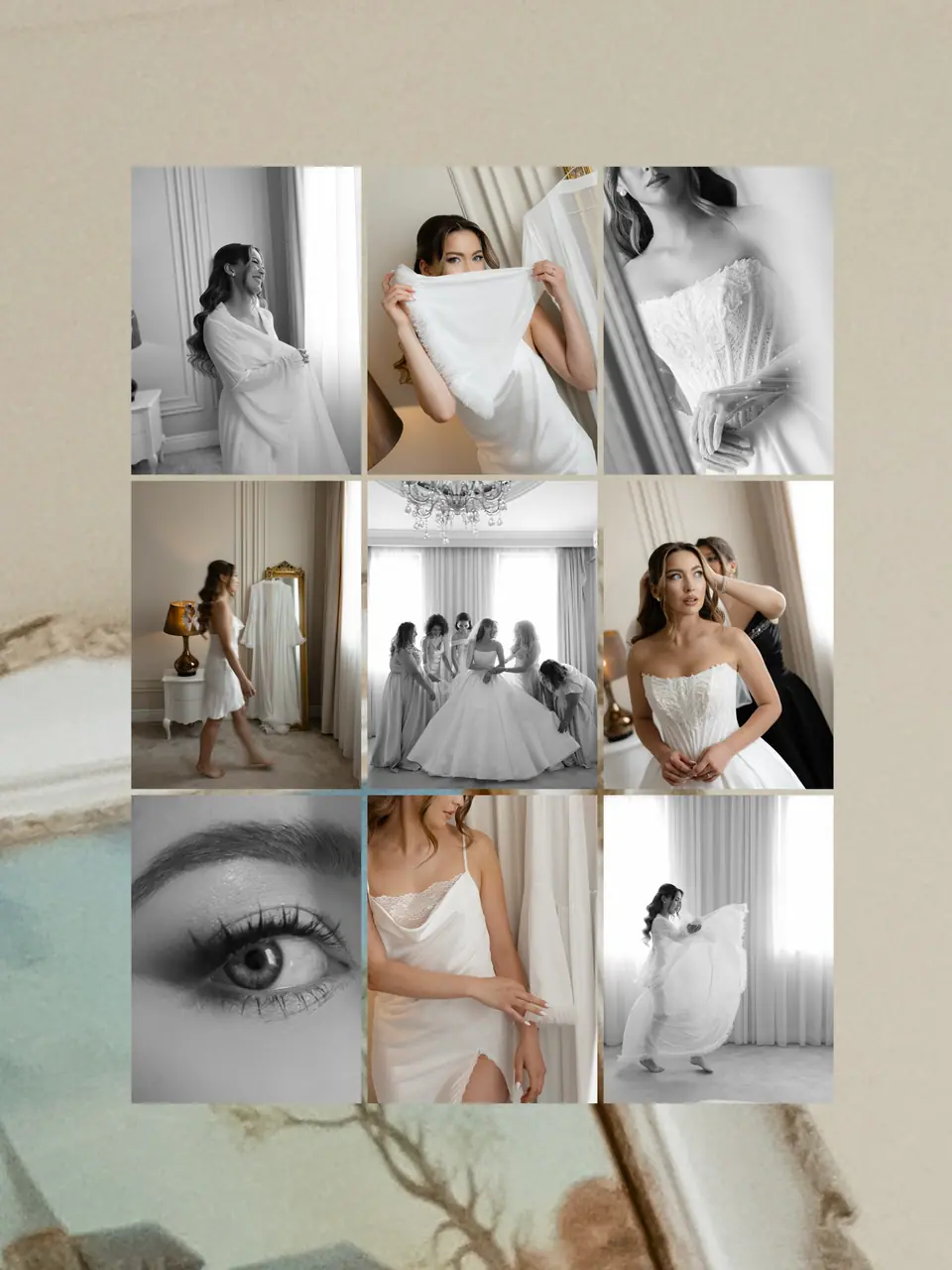 Grid of bridal-morning and wedding-day photographs on a beige background