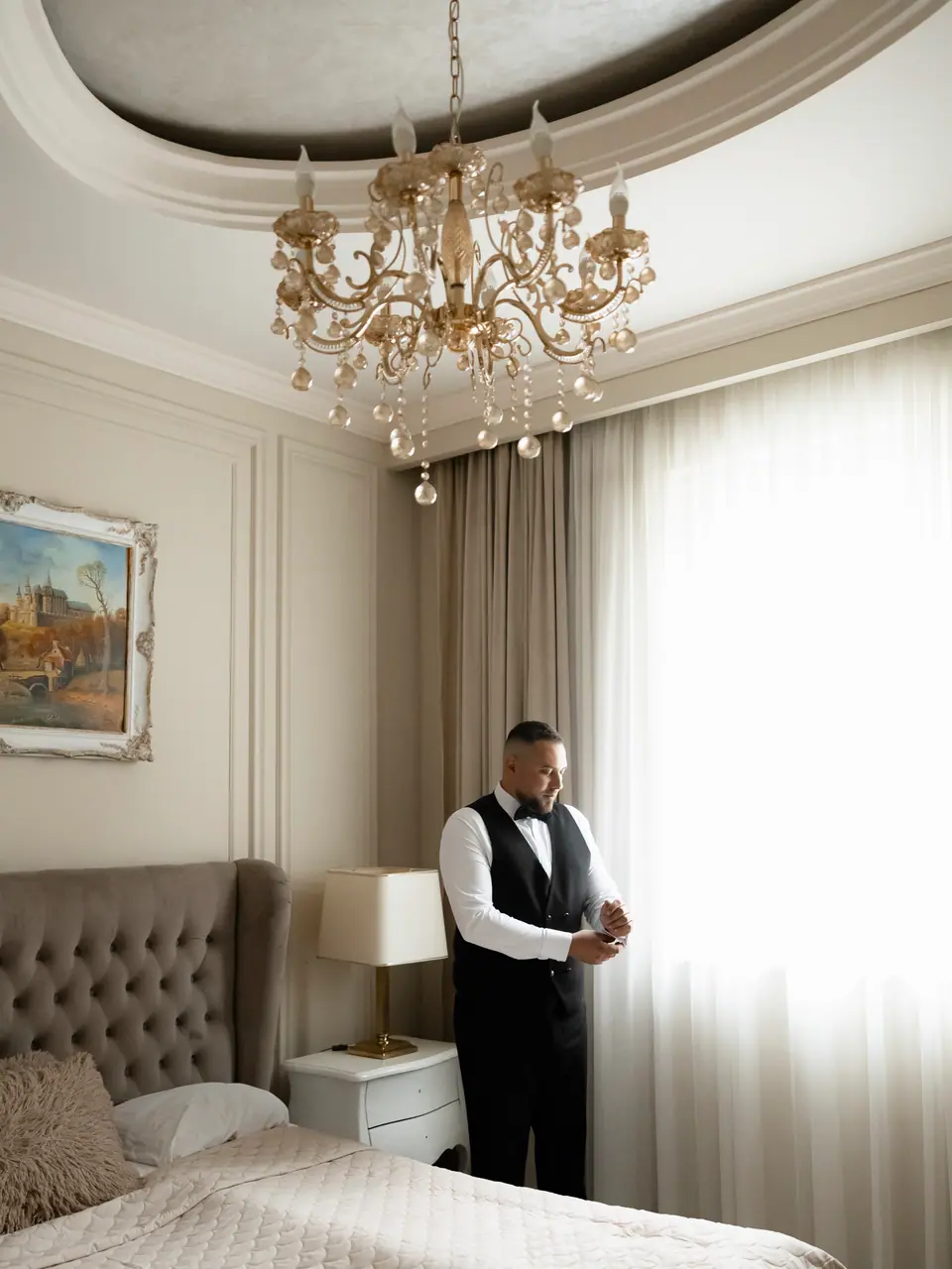 Norbert standing at the bedroom window, adjusting his cuff beneath a chandelier