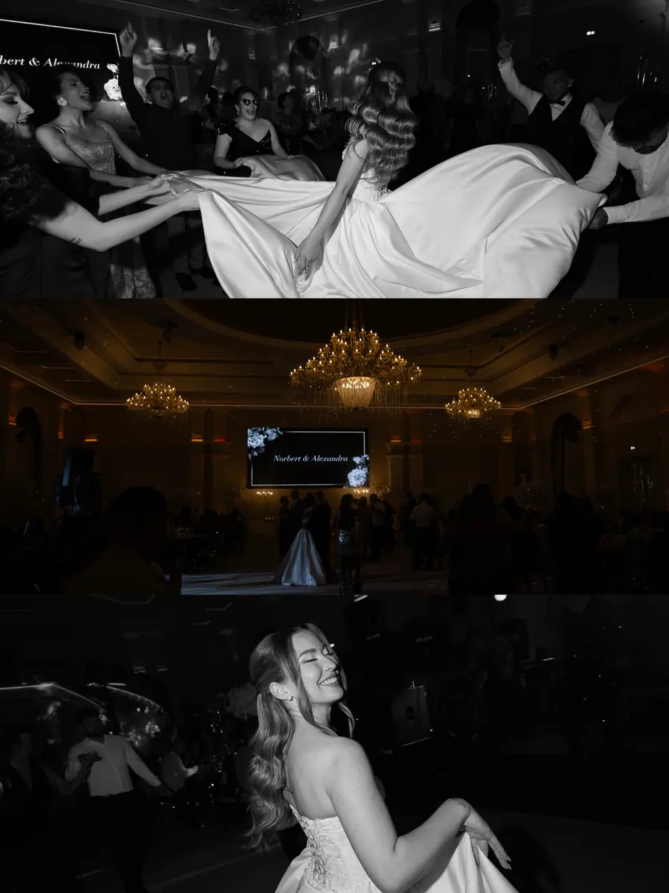 Dancefloor in black and white with Alexandra’s dress swirling and a wedding screen above the guests