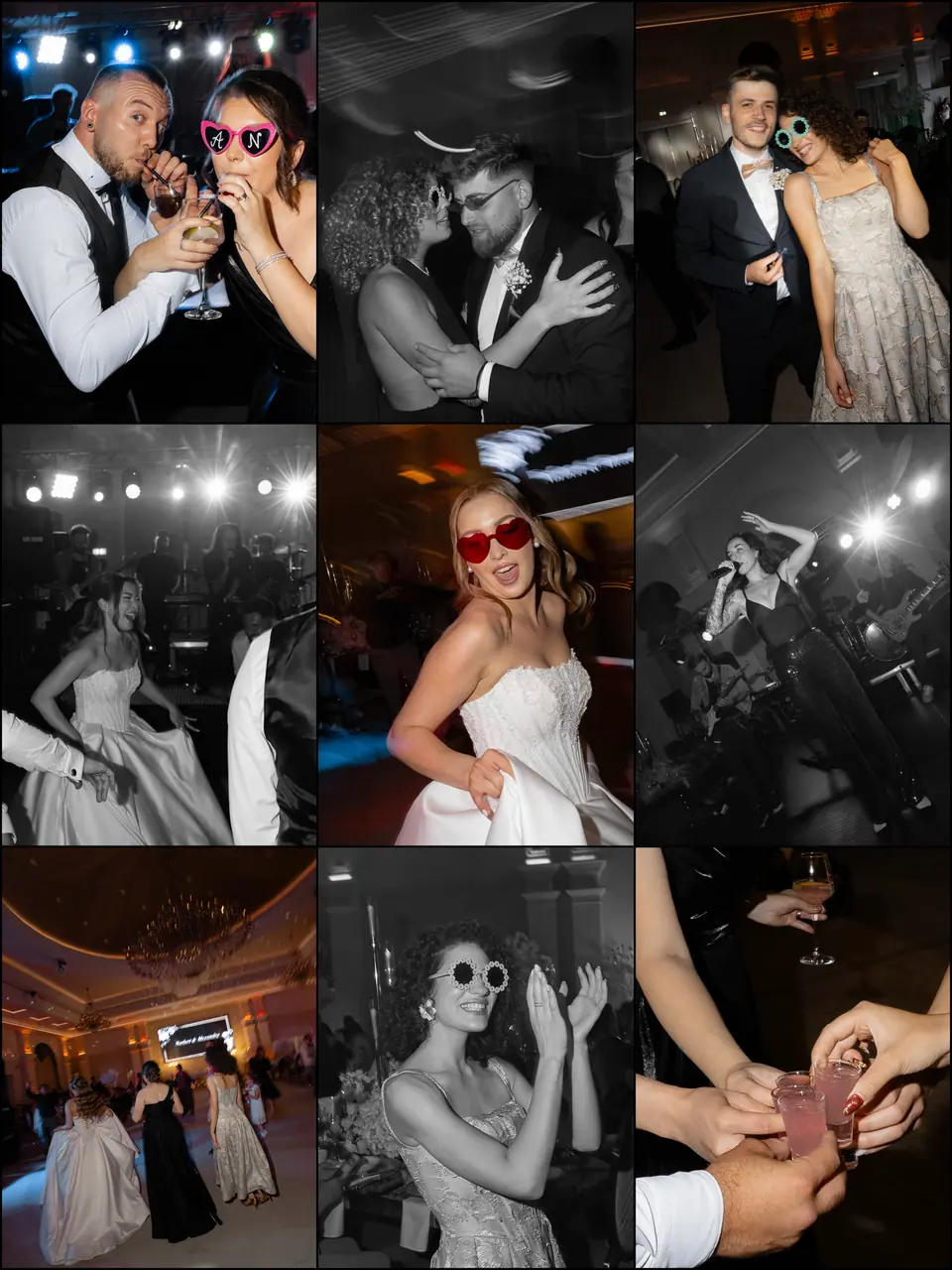 Guests dancing in sunglasses, Alexandra among them, in a collage of party photographs