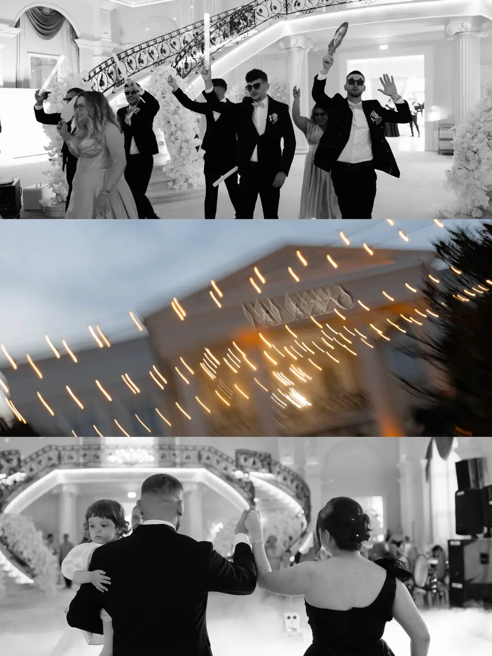 Guests dancing with raised hands on the staircase, a blurred view of the venue at dusk