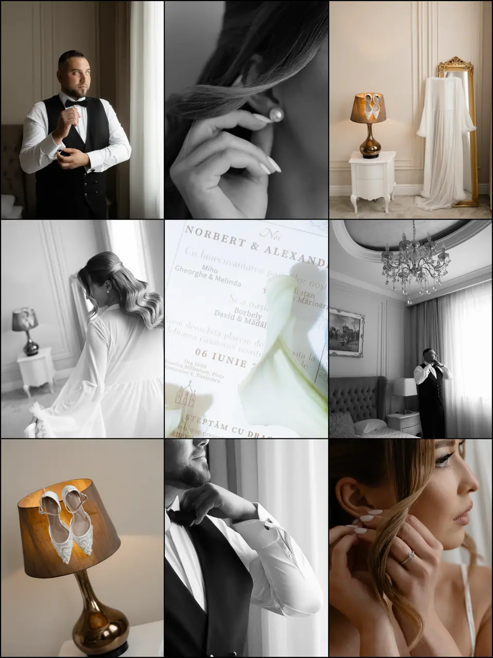 Collage of bridal-morning details: Norbert’s cuff, an earring, the dress and the invitation