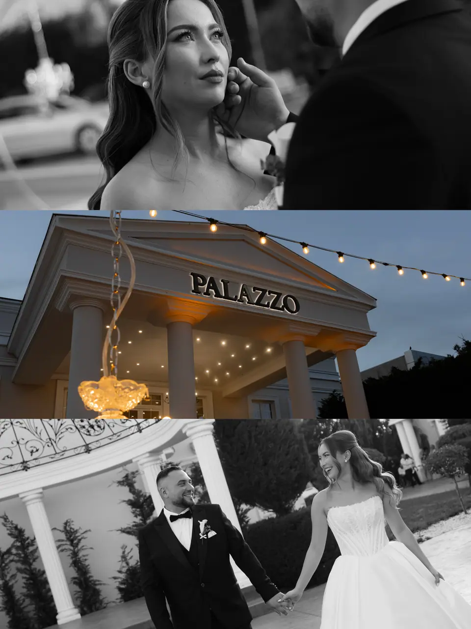 Alexandra in black and white touching her earring, the couple walking hand in hand outside