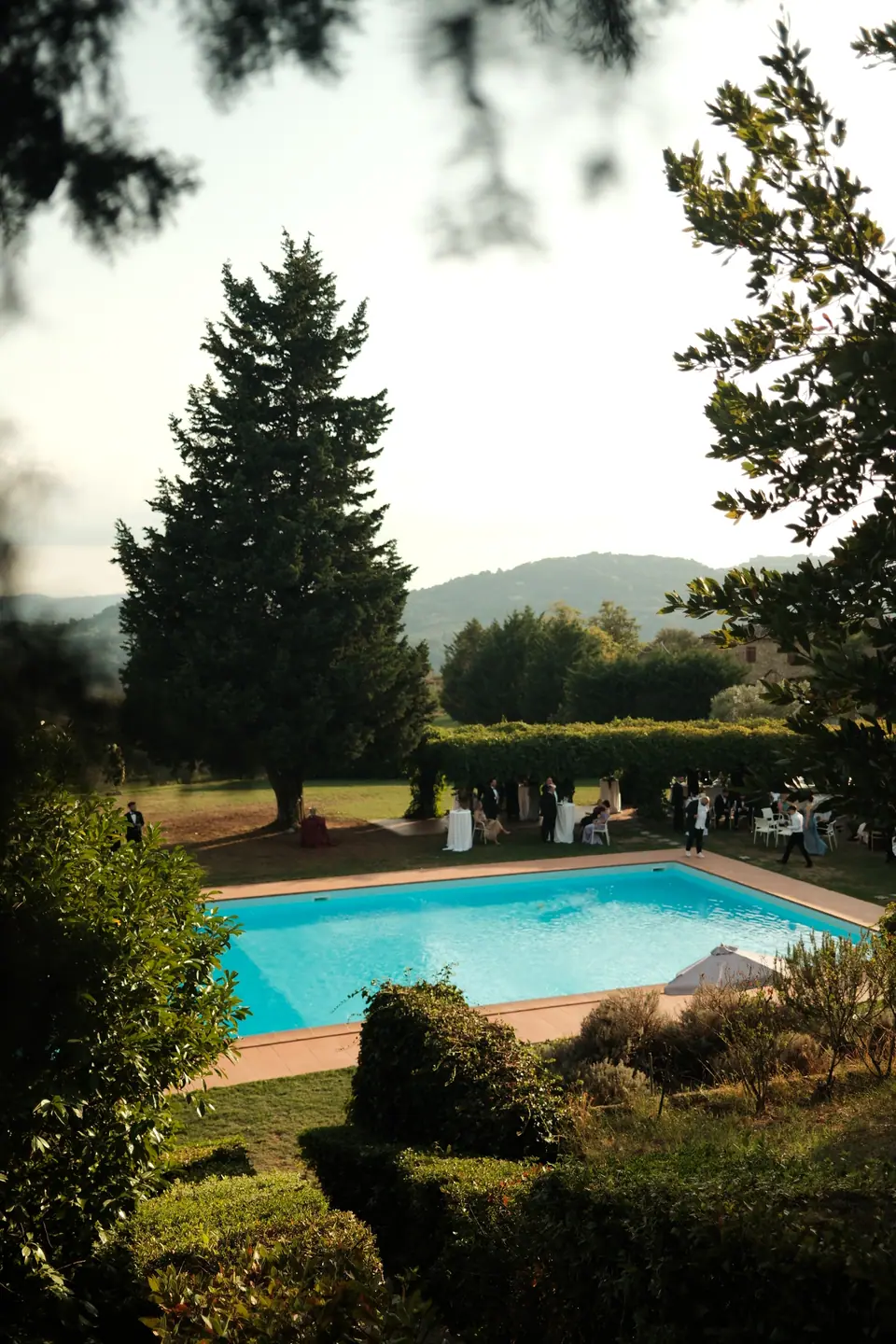 The garden pool from above, guests gathered on the lawn among cypresses