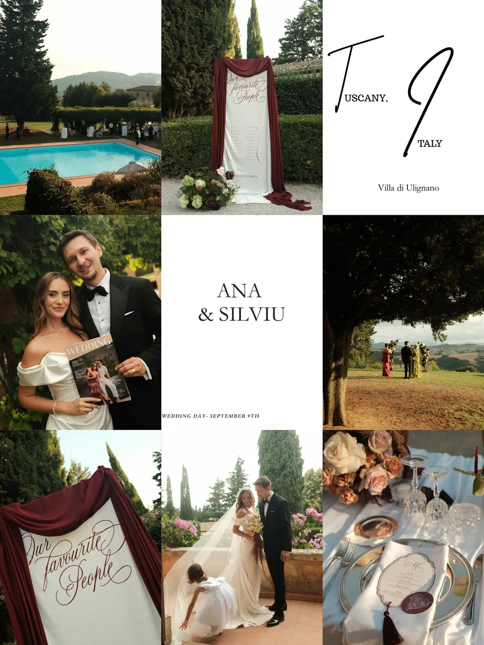 Nine-photo panel of the day, with the Tuscany, Italy title and “Ana & Silviu”