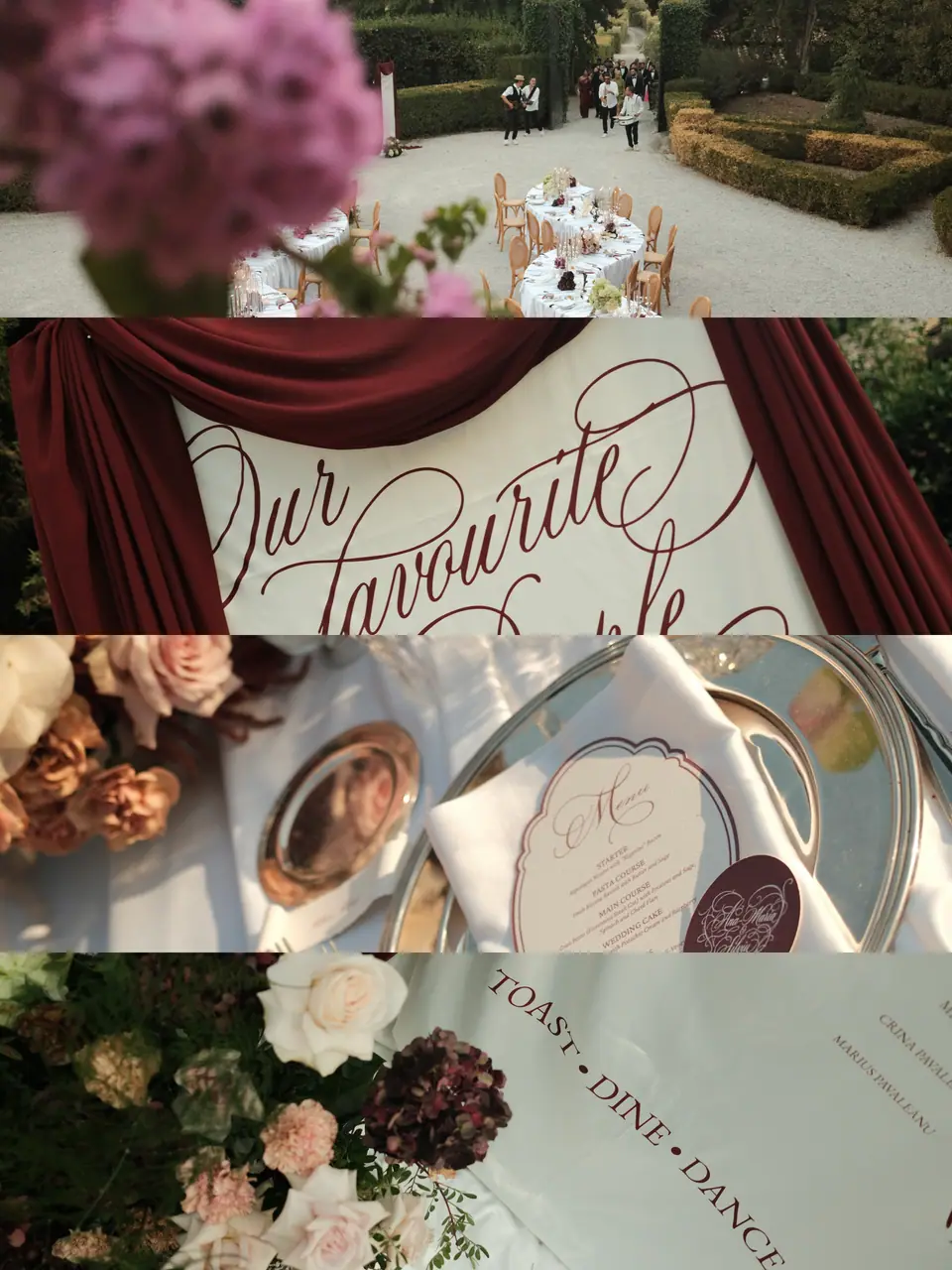 Four-strip panel of the dinner details, from the courtyard and seating chart to the menus