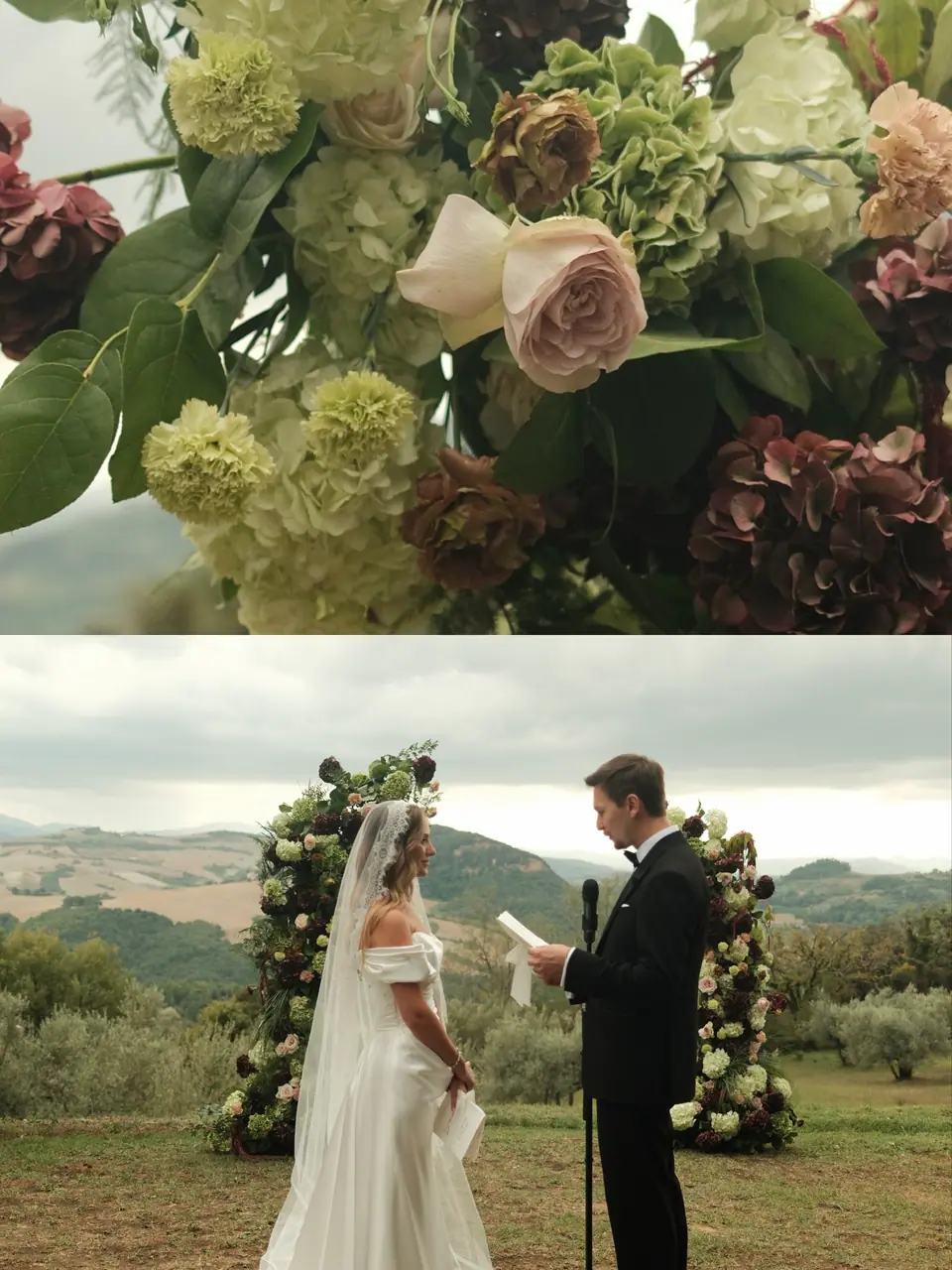 Two-photo panel: ceremony flowers, and Silviu reading his vows above the hills