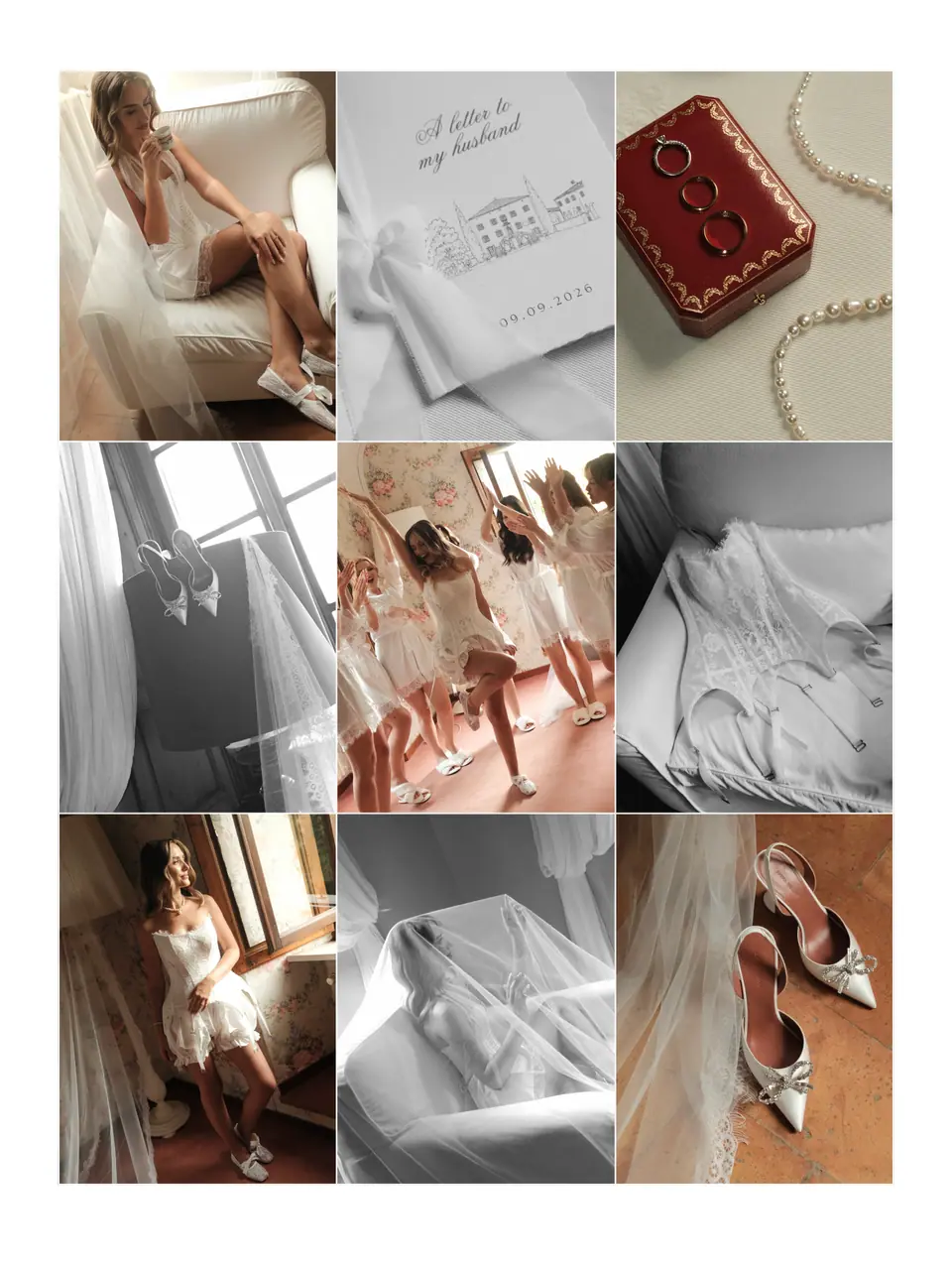 Nine-photo panel of Ana’s morning: the letters, the ring box, the veil and her shoes