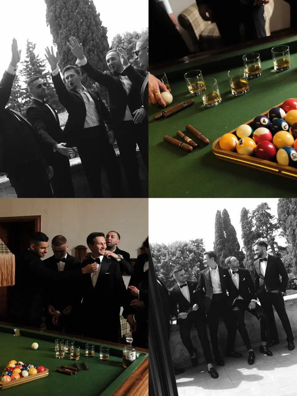 Four-photo panel of the groomsmen: the billiard table, whiskey and a walk in tuxedos