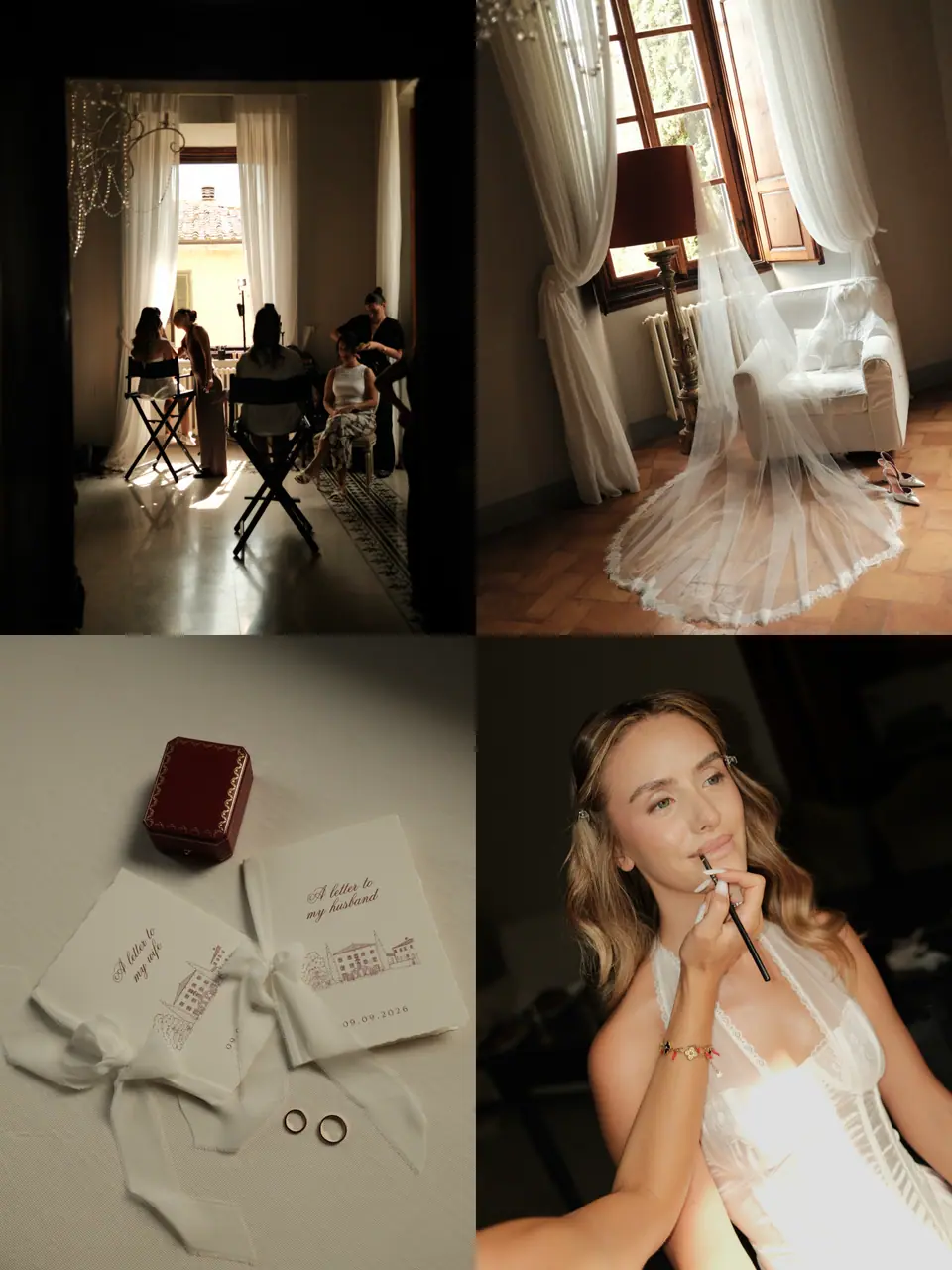 Four-photo panel of Ana getting ready, with the letters, ring box and her veil