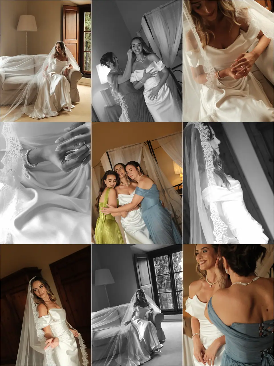 Nine-photo panel of Ana dressing with her bridesmaids in green and blue