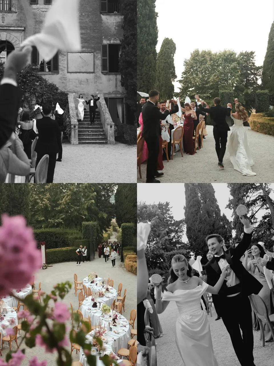 Four-photo panel of the grand entrance, napkins waving and the courtyard from above