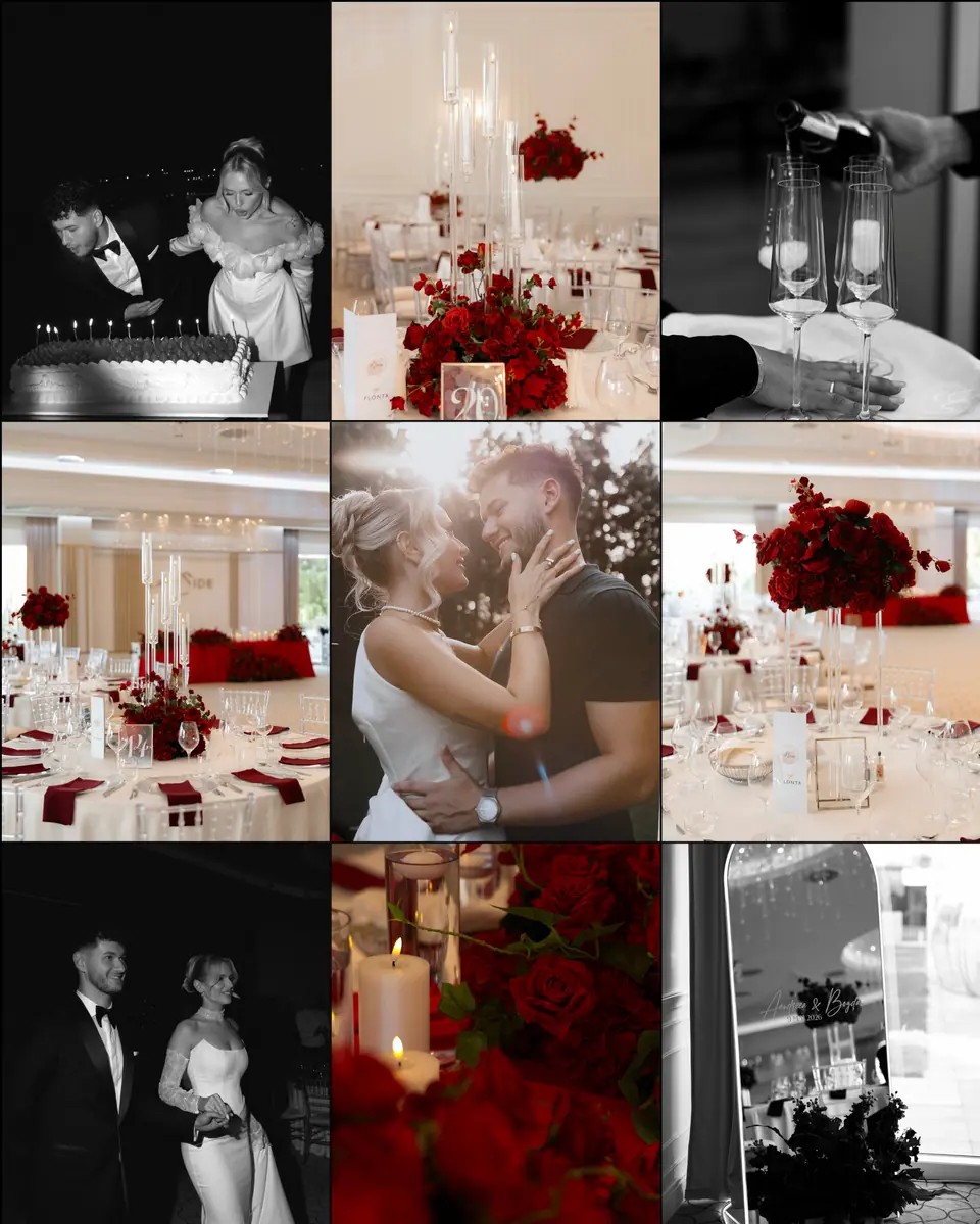 Collage of Andreea and Bogdan’s reception: red roses on candlelit tables, champagne, a kiss and the cake
