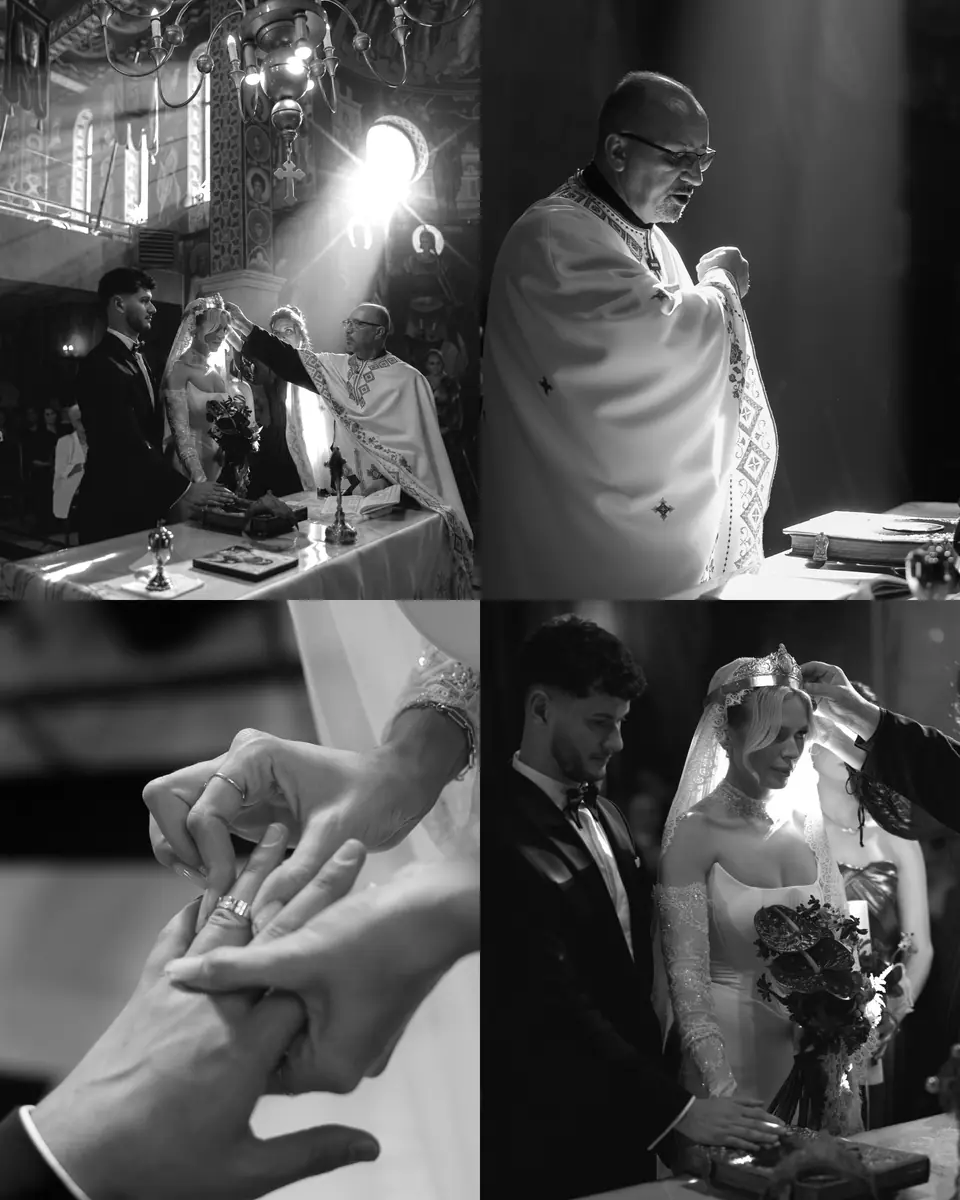Black and white collage of the Orthodox ceremony: the priest, the crowning and Bogdan placing Andreea’s ring