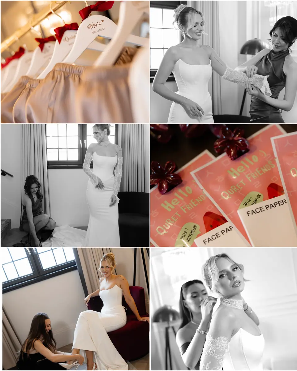 Collage of Andreea getting ready with her bridesmaids, from named hangers and face masks to the gown fitting
