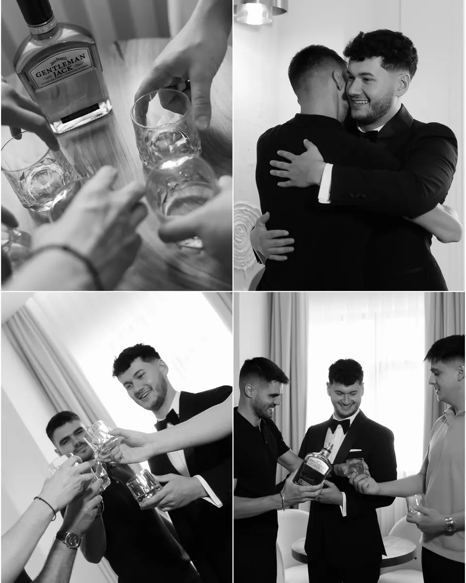 Black and white collage of Bogdan and his friends sharing a whiskey toast and a hug before the ceremony