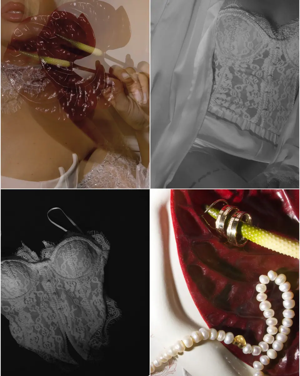 Collage of bridal details: a red anthurium, a lace corset bodice, the wedding rings and a string of pearls