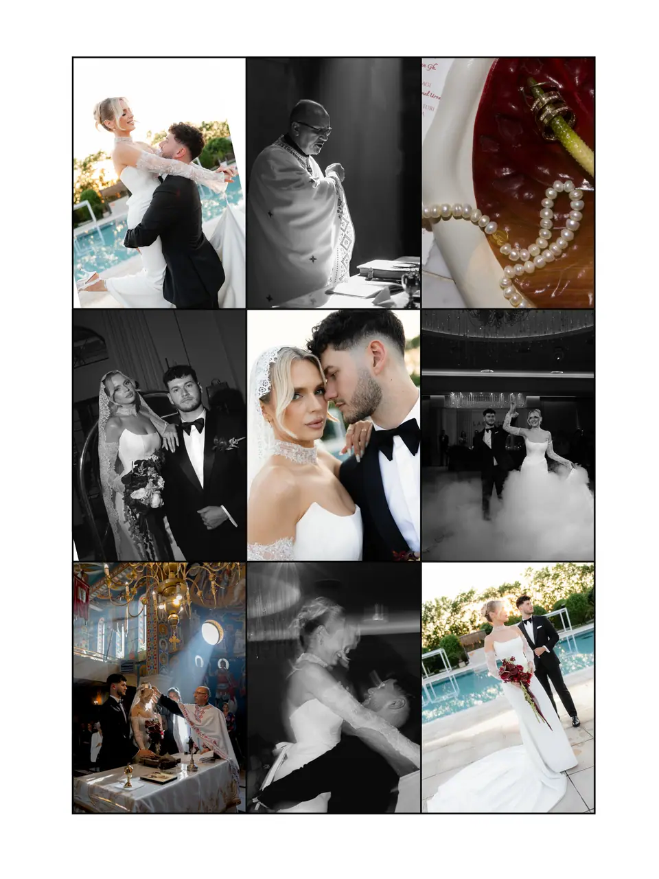 Nine-photo collage of the whole day, from portraits by the pool and the ceremony to the first dance in smoke