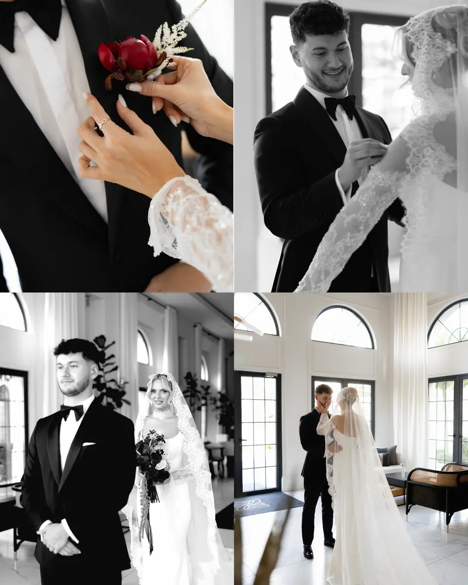 Collage of the first look: Andreea pinning a red buttonhole on Bogdan and the two meeting in a bright hall