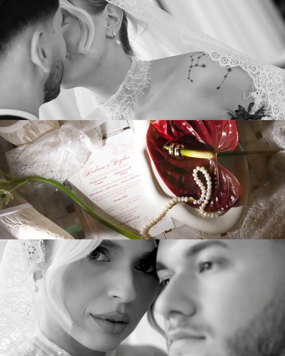 Collage of a kiss under the lace veil, the invitation with a red anthurium and pearls, and a cheek-to-cheek portrait