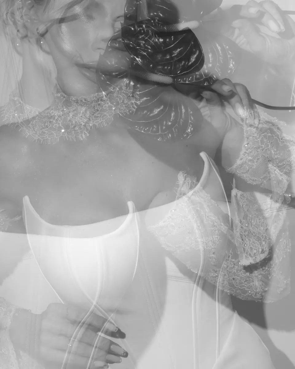 Double exposure of Andreea in her strapless gown and lace sleeves, layered with a dark anthurium