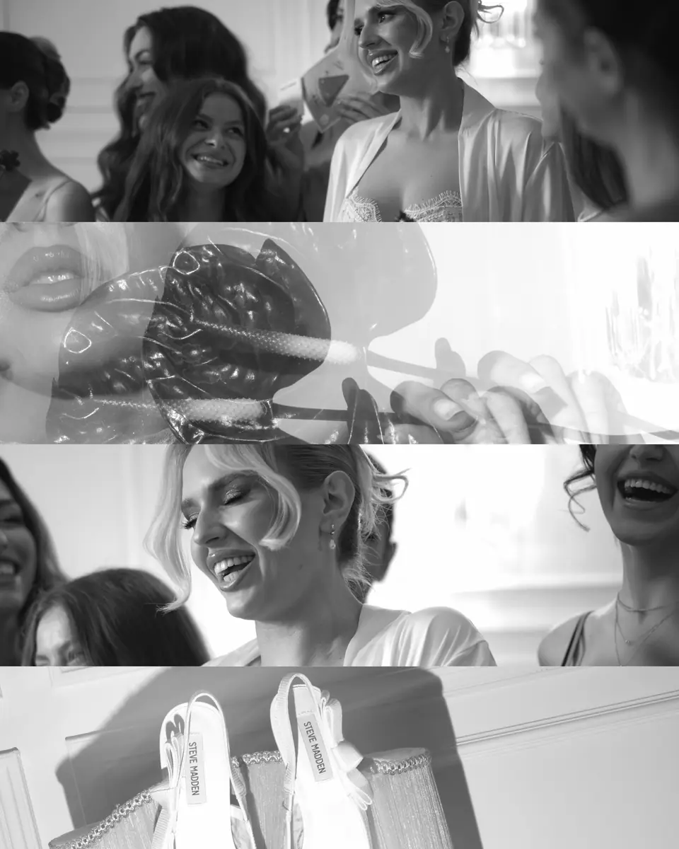 Collage of laughing bridesmaids, a red anthurium held to Andreea’s lips and her white bridal heels