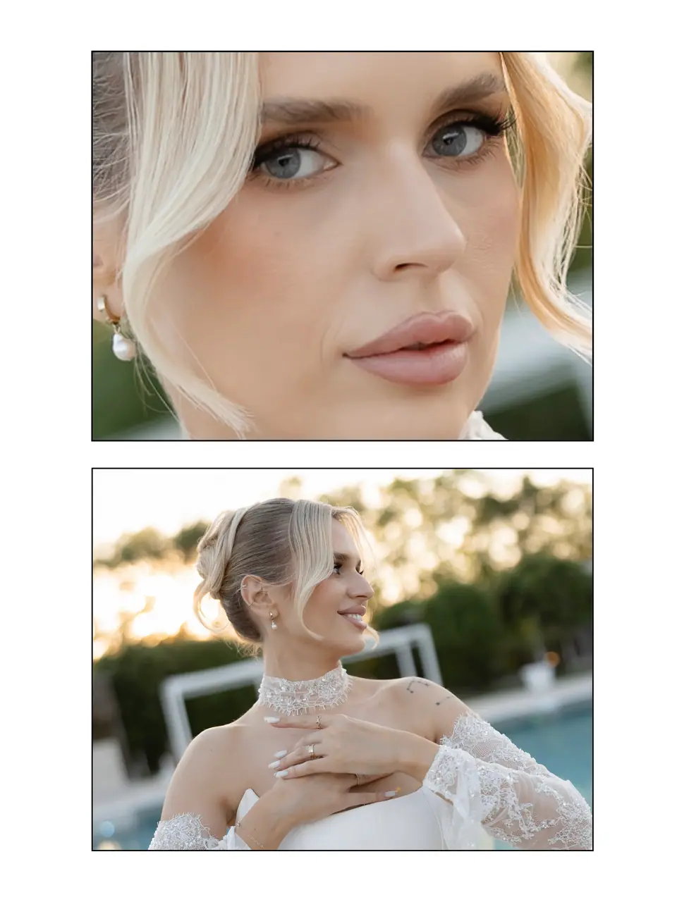 Two close portraits of Andreea: her blue eyes, and her lace choker and sleeves in sunlight by the pool