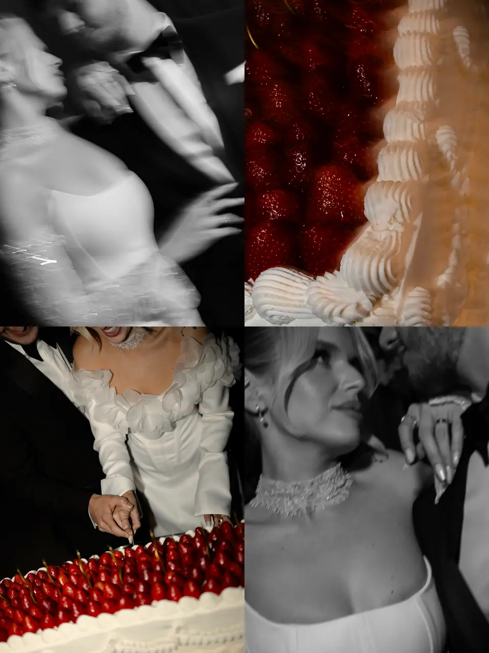 A second cake collage: strawberries on the cake, the knife in their joined hands and Andreea glancing back