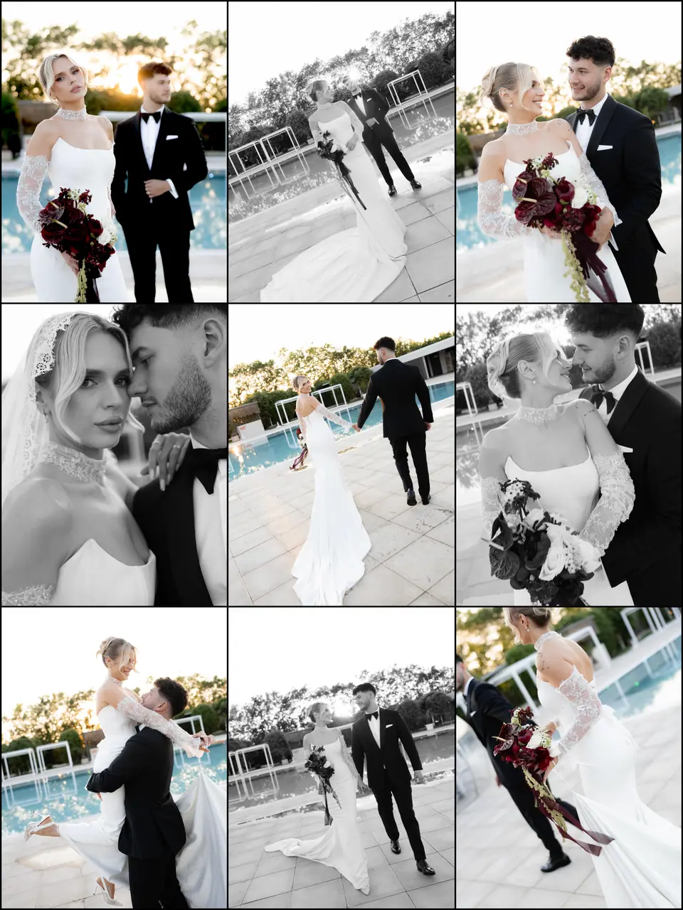 Nine-photo collage of Andreea and Bogdan’s portraits by the pool, with her red bouquet and long lace sleeves