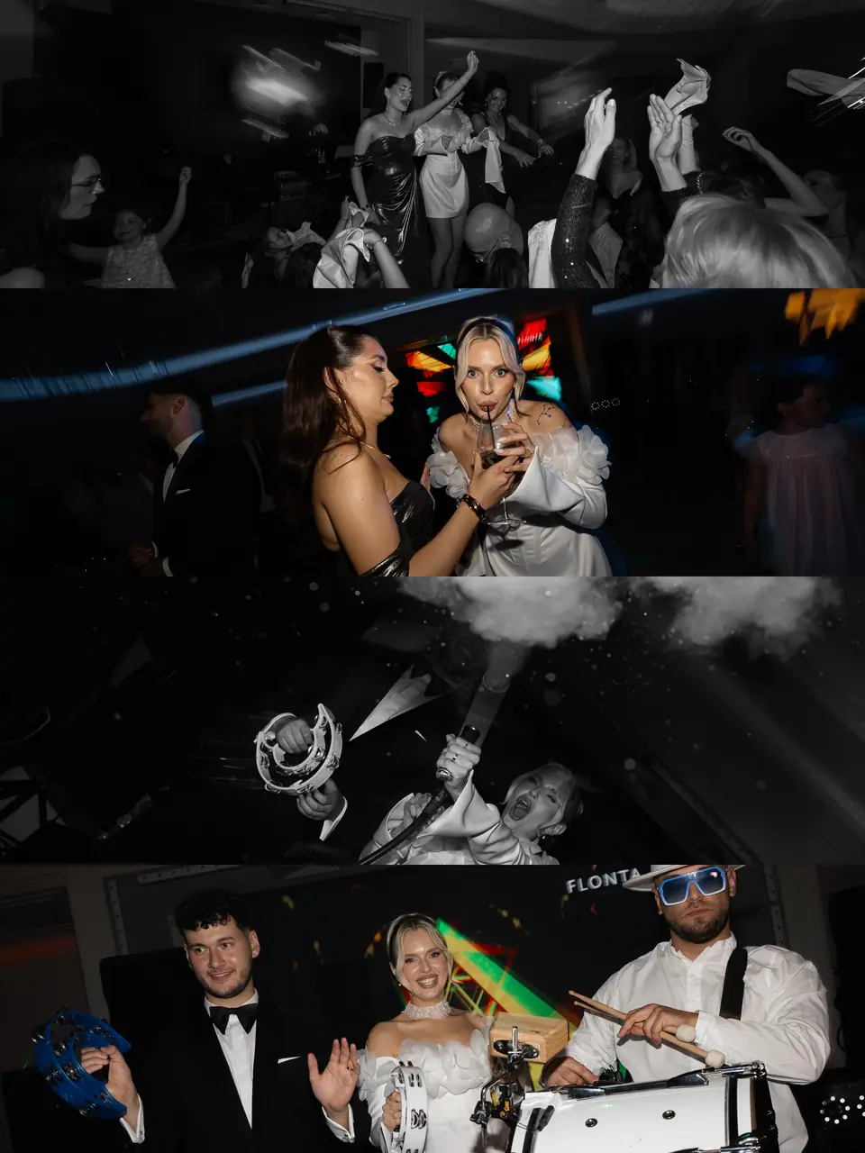 Collage of the party: guests dancing, Andreea with a cocktail, cold sparks, and the couple playing with the band