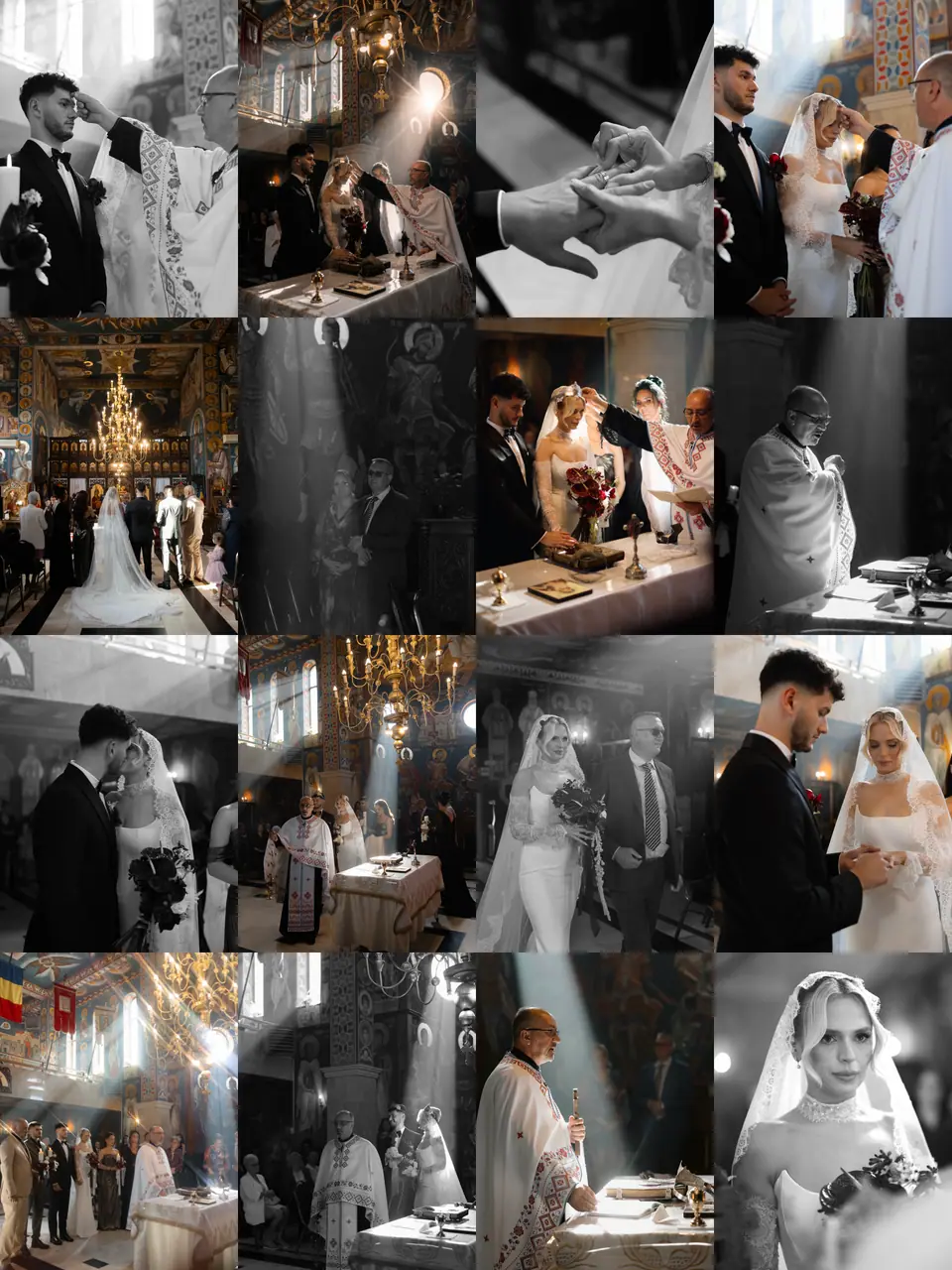 Sixteen-photo collage of the Orthodox church ceremony, with icons, candlelight, rays of sun and the crowning