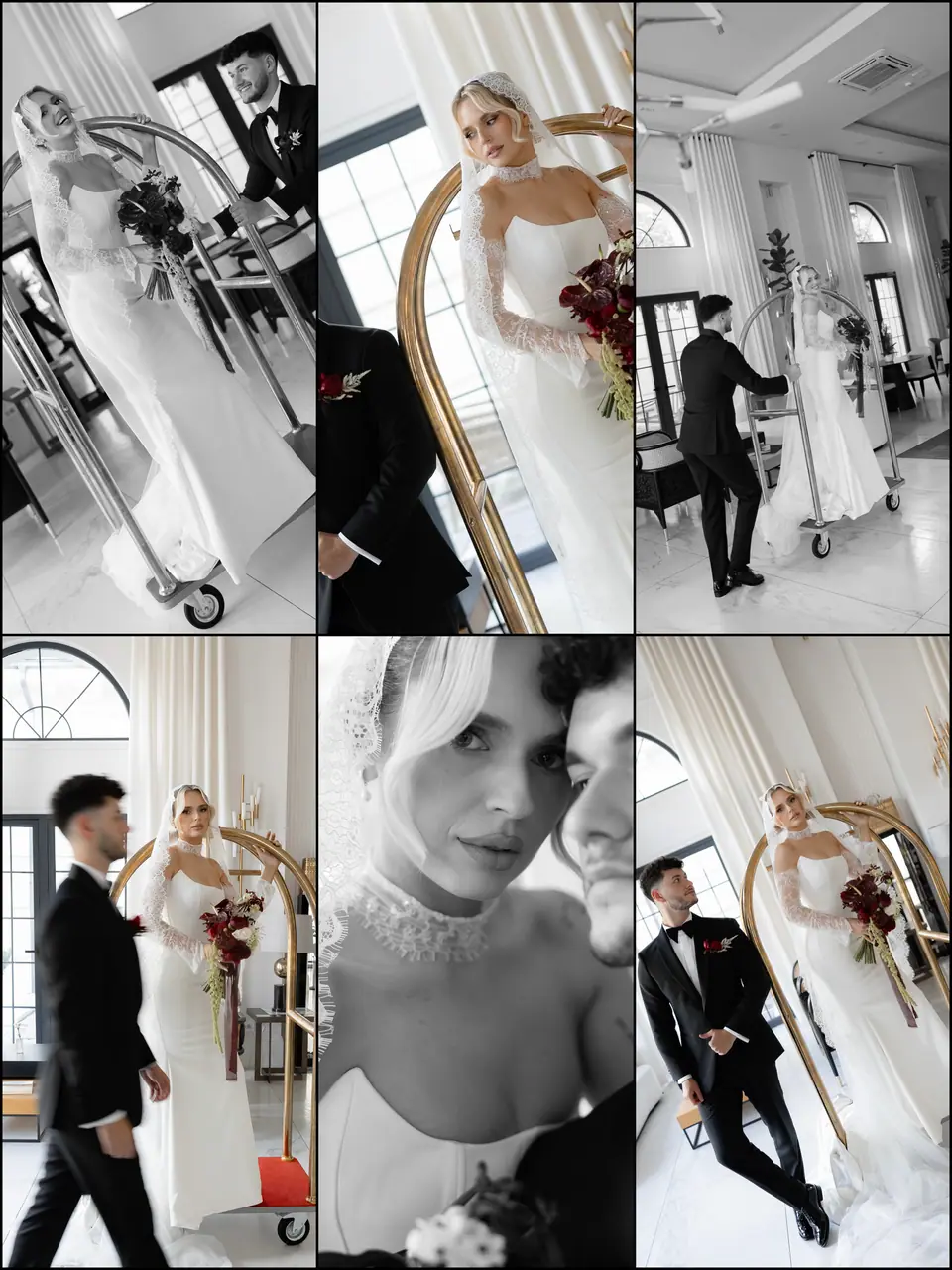 Black and white collage of Andreea and Bogdan with a brass luggage trolley in a bright hotel lobby