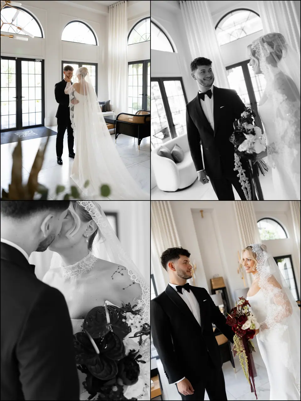 Collage of Andreea and Bogdan meeting before the ceremony in a room of tall arched windows, her bouquet dark red