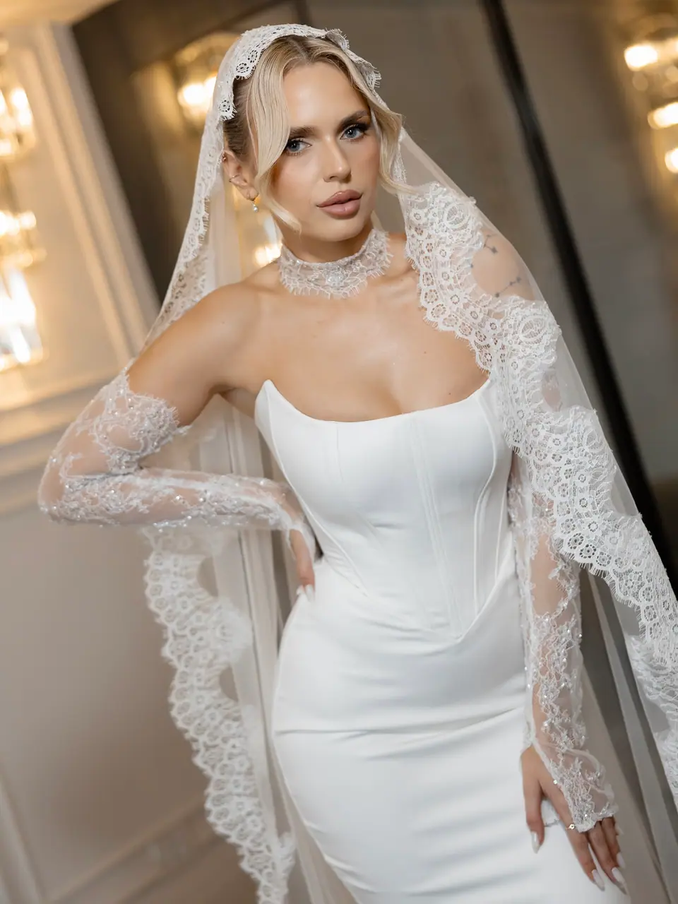 Andreea in a fitted gown with a long lace veil