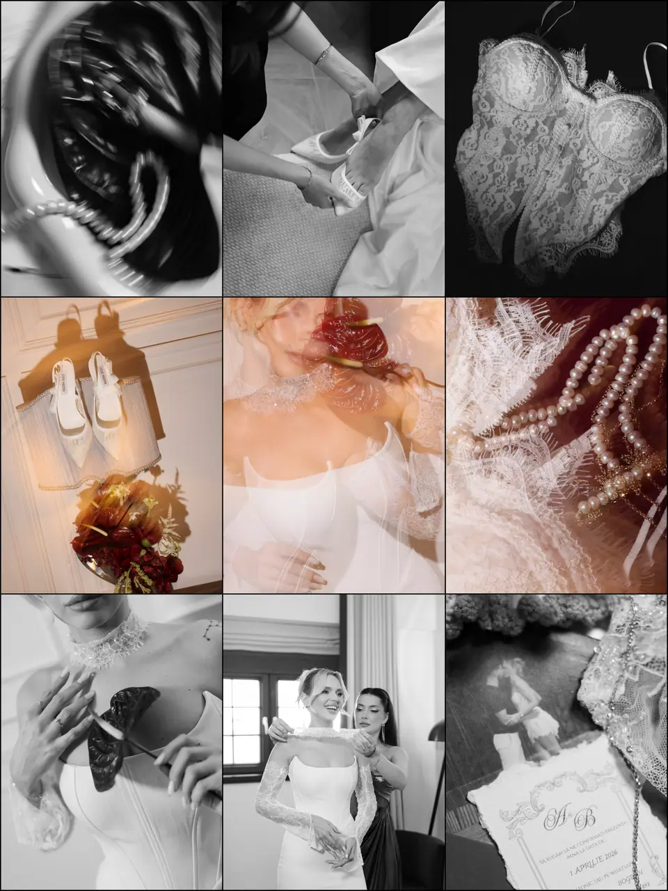 Collage of morning details: the corset, her shoes, pearls, the red bouquet and the monogrammed invitation