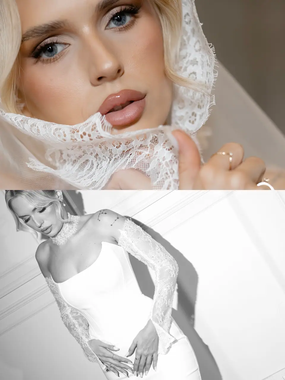 Two portraits of Andreea: holding her lace veil to her face, and in black and white showing her lace sleeves