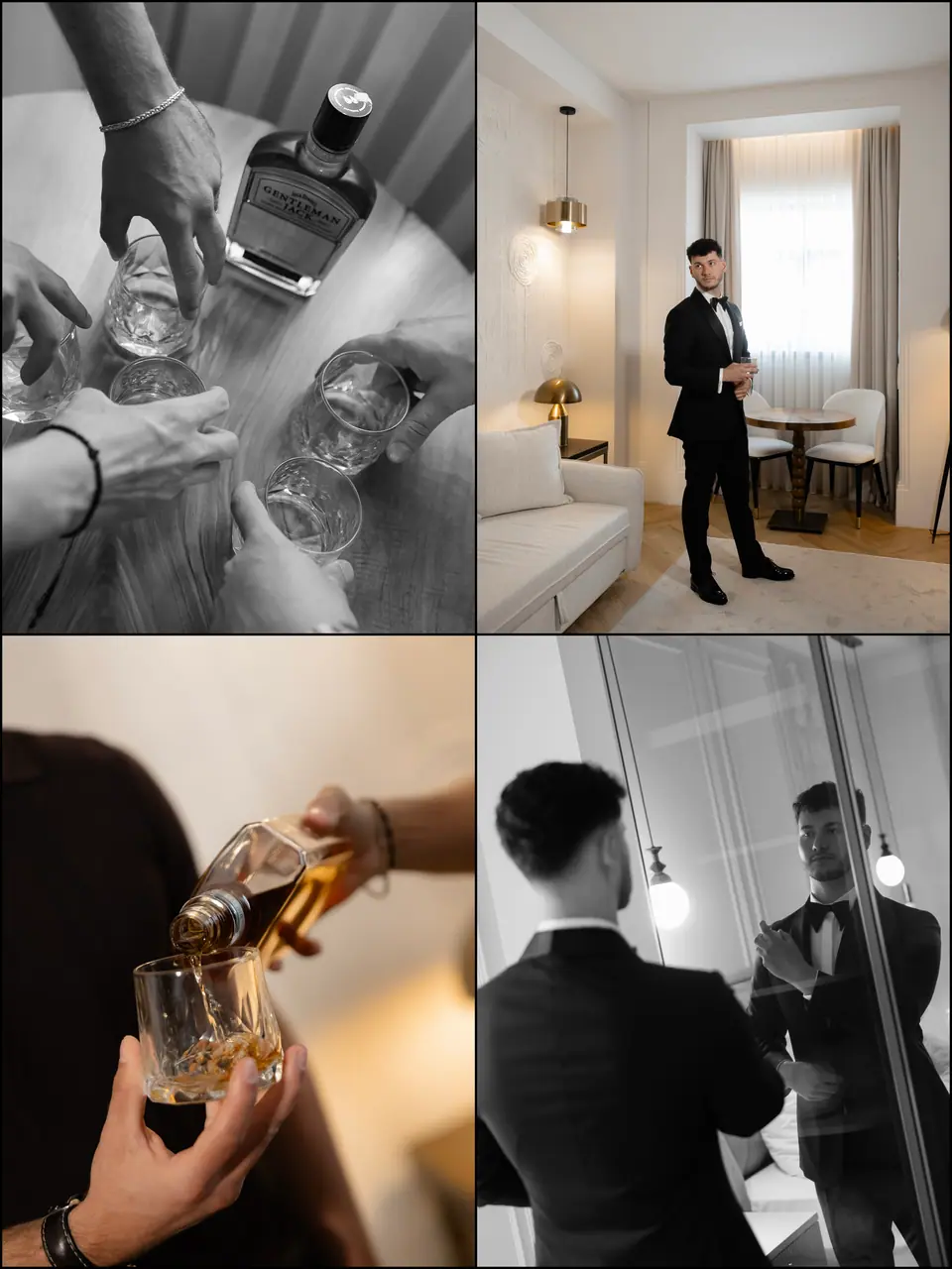 Collage of Bogdan getting ready: friends pouring whiskey, his reflection in a mirror and a quiet moment by the window