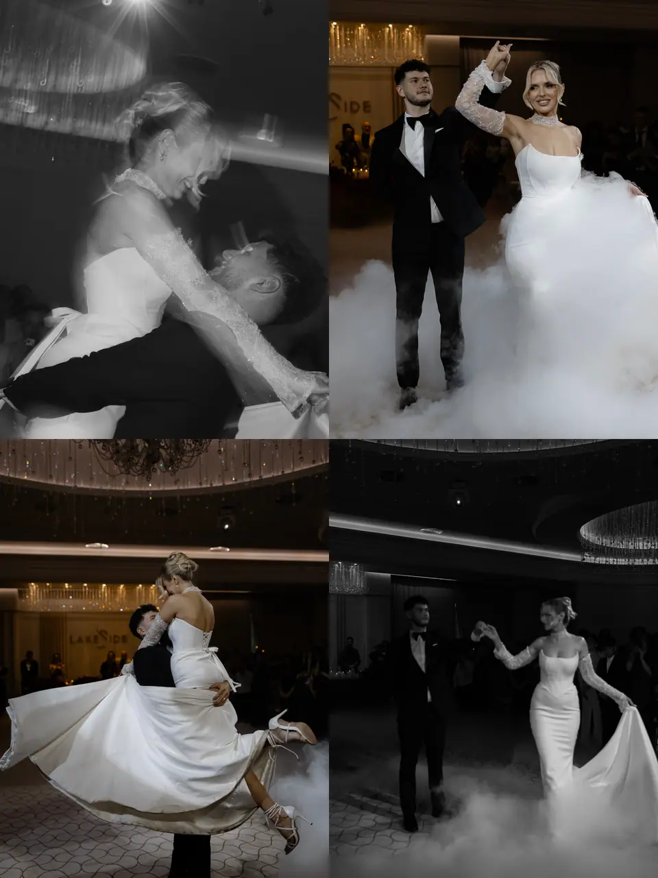 Collage of the first dance in low smoke, Bogdan lifting and spinning Andreea beneath the chandeliers