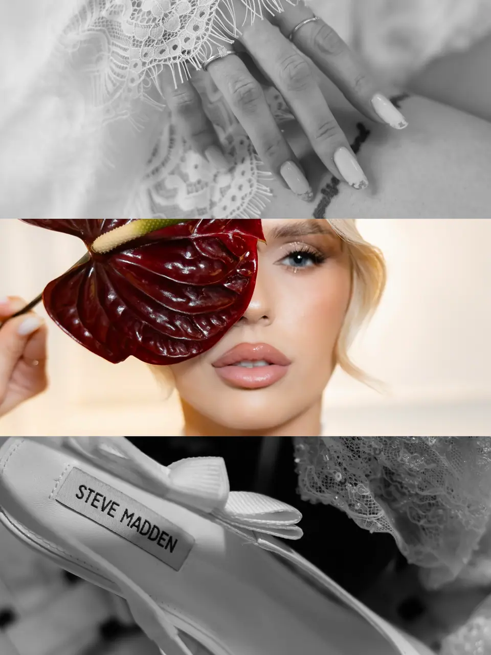 Three-part collage: a hand resting on lace, Andreea hiding one eye behind a red anthurium, and her white heels