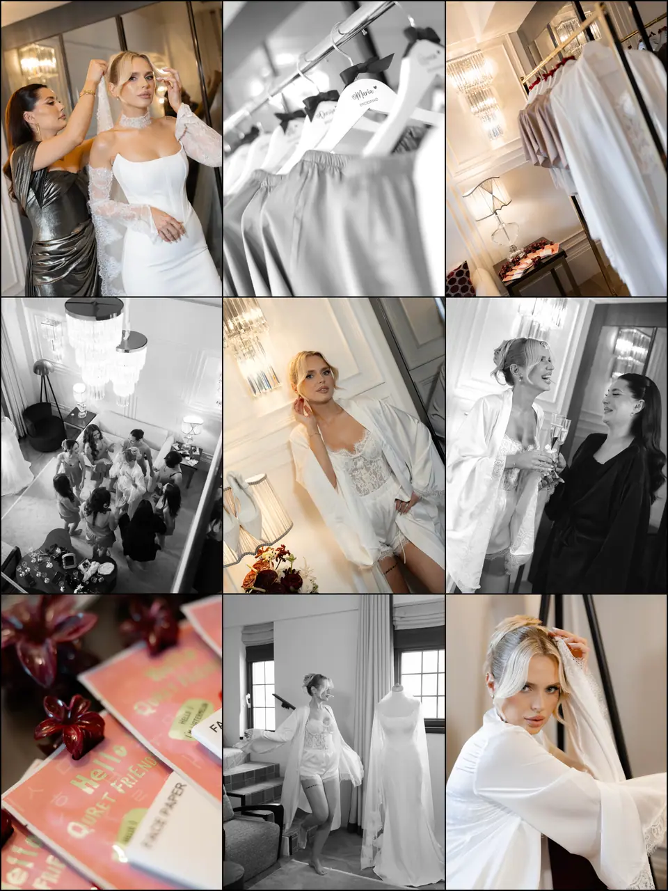 Collage of the bridal suite: robes on hangers, the veil being fixed and Andreea posing in her lace robe