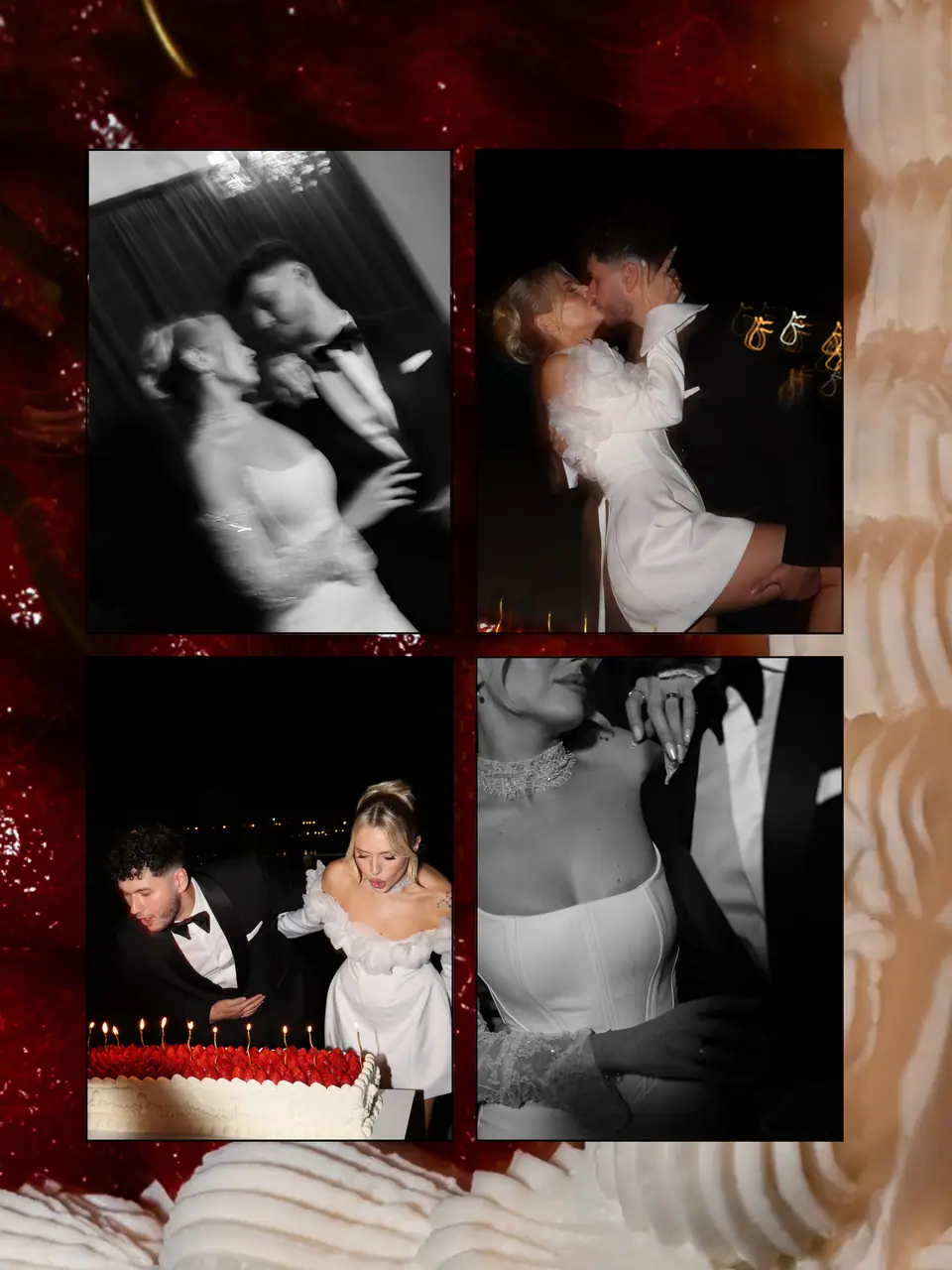 Collage of late-night moments on a deep red ground: a blurred kiss, the cake candles and Andreea’s short party dress