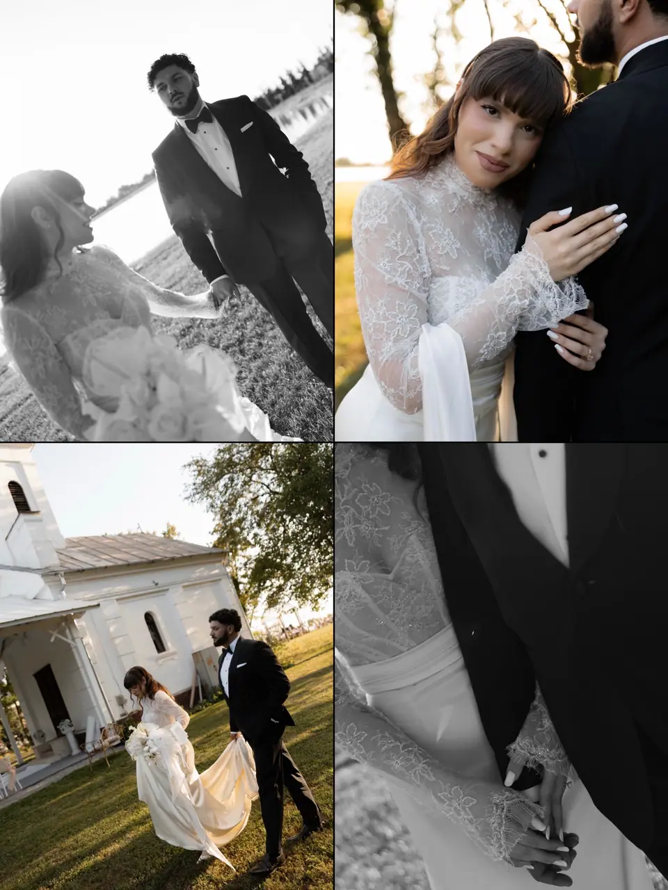 Four-photo panel of Bianca and Bogdan’s portraits in golden light on the manor lawn