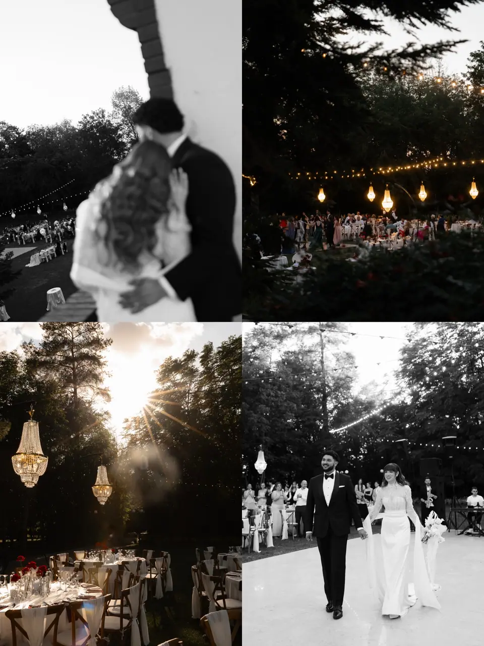 Four-photo panel: an embrace, the reception under string lights, chandeliers and the grand entrance