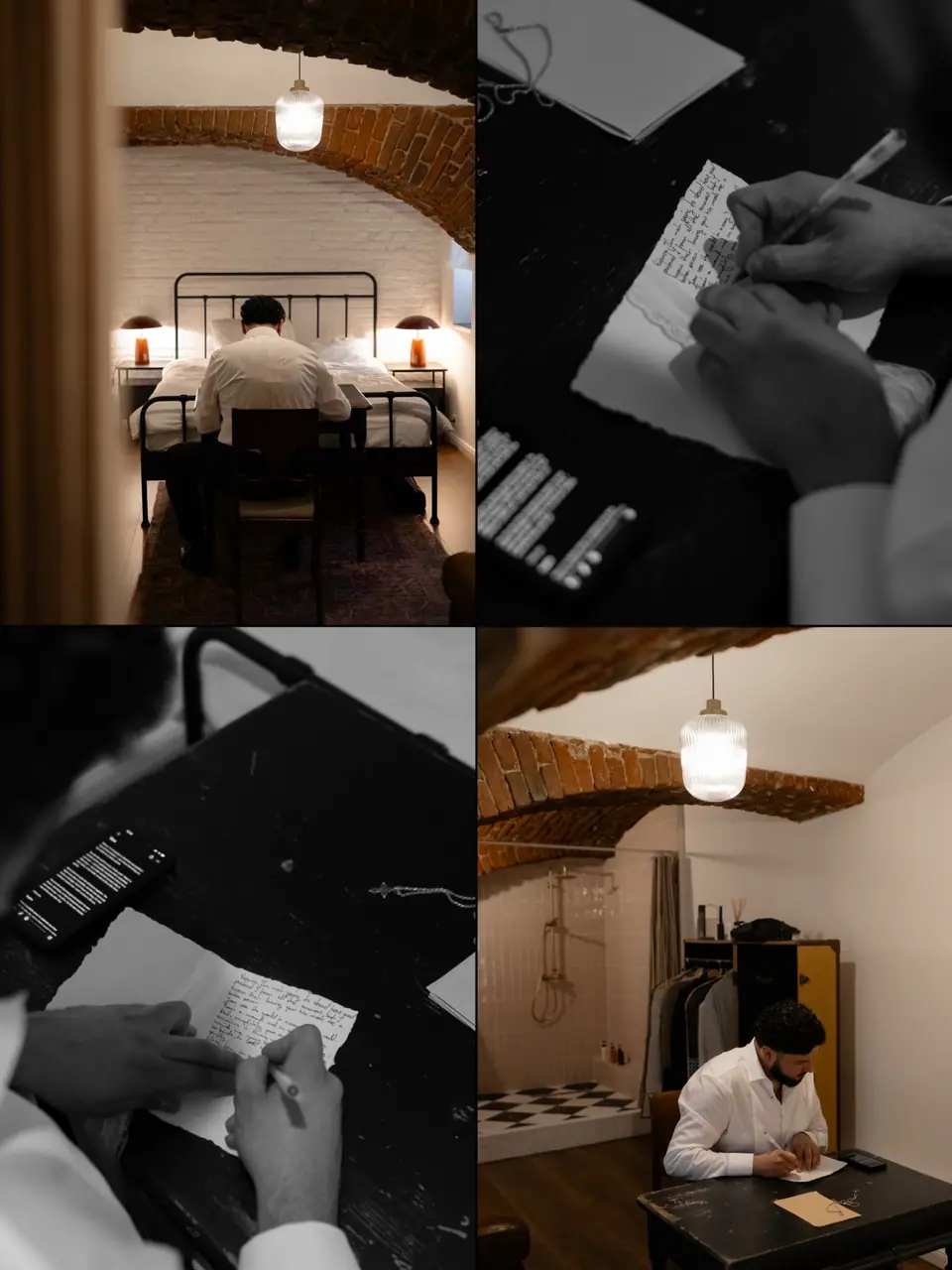 Four-photo panel of Bogdan writing a letter at a desk in a brick-vaulted room
