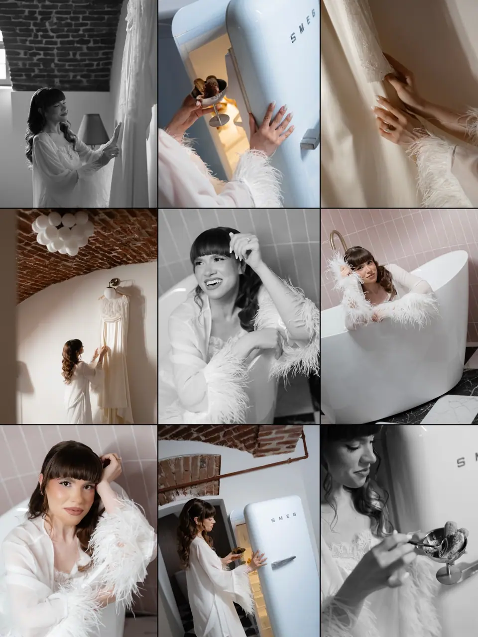 Nine-photo panel of Bianca’s morning in a feathered robe, with the blue Smeg fridge and a bath