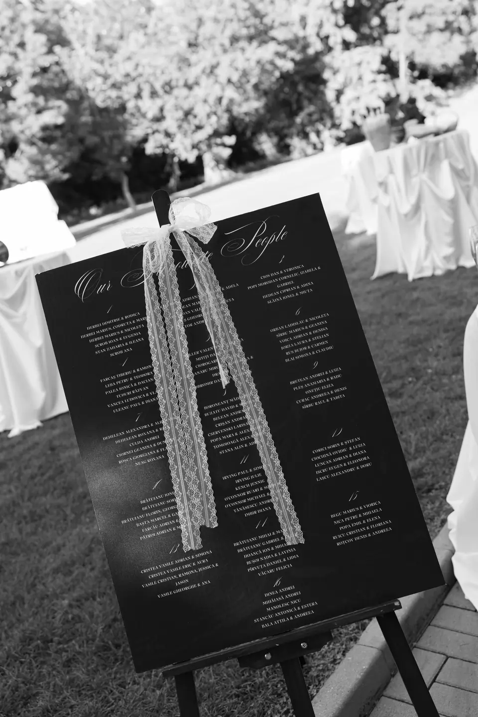 Black and white photograph of the “Our favourite People” seating chart tied with lace